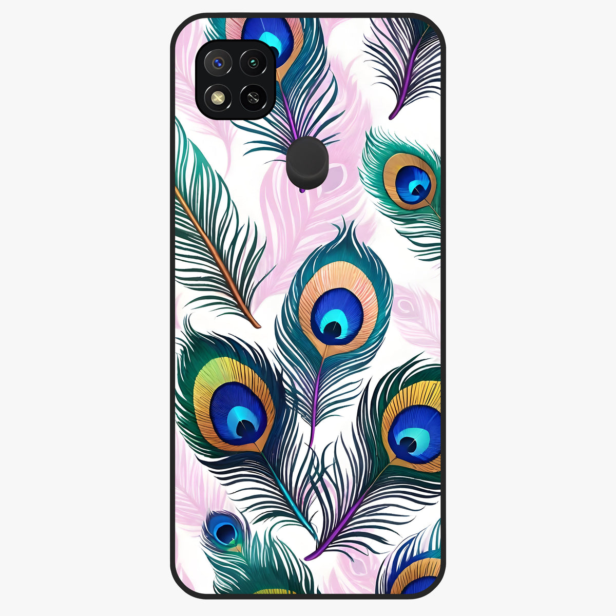 Royal Peacock Feathers Glass Case showing flat back view with colorful peacock feather artwork and glossy glass finish.