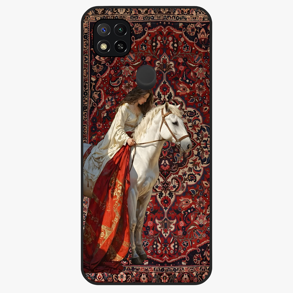Royal Rider Tapestry Glass Case showing flat back view with majestic horse rider tapestry artwork and glossy glass finish.