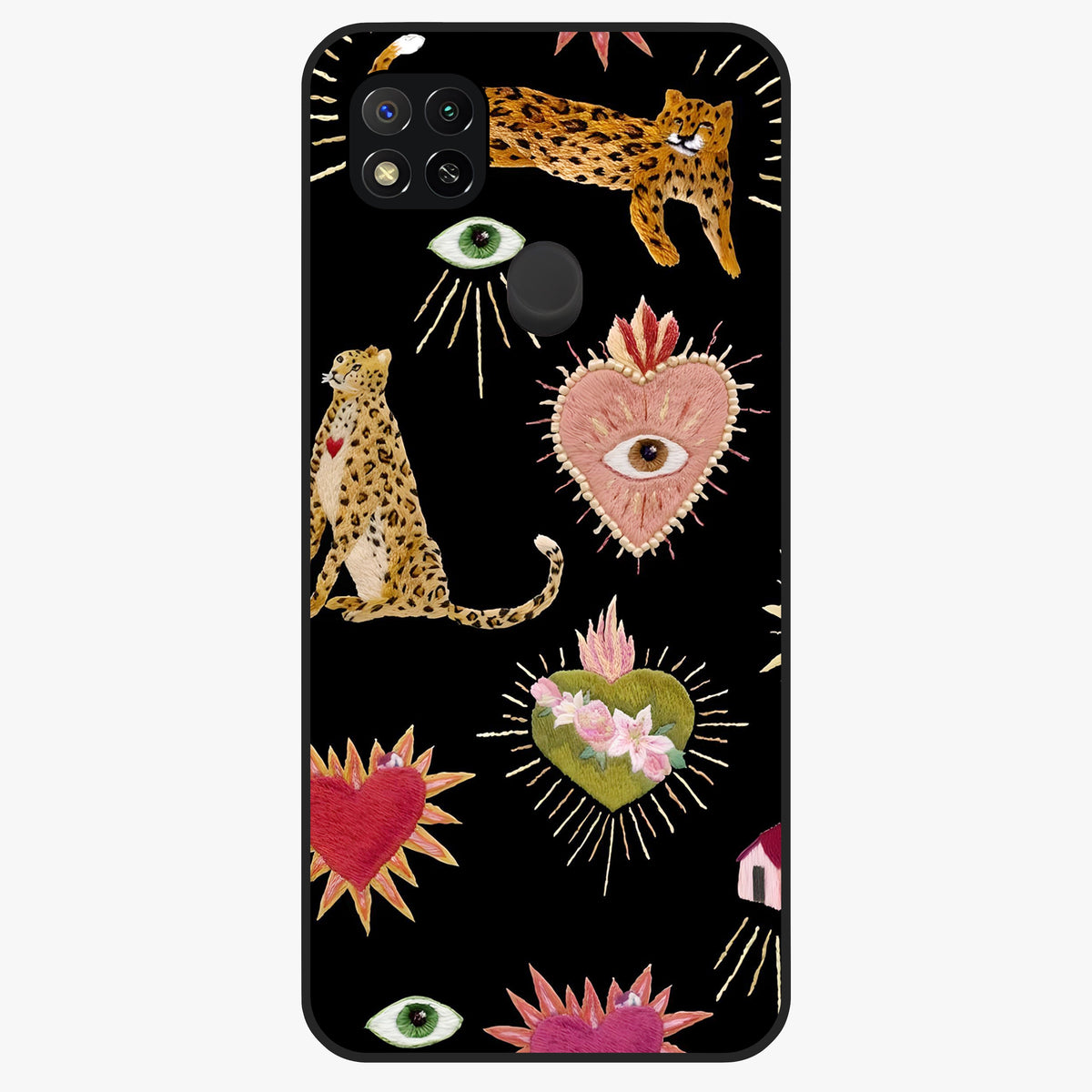 Sacred Jungle Heart Glass Case showing flat back view with jungle inspired heart artwork and glossy glass finish.