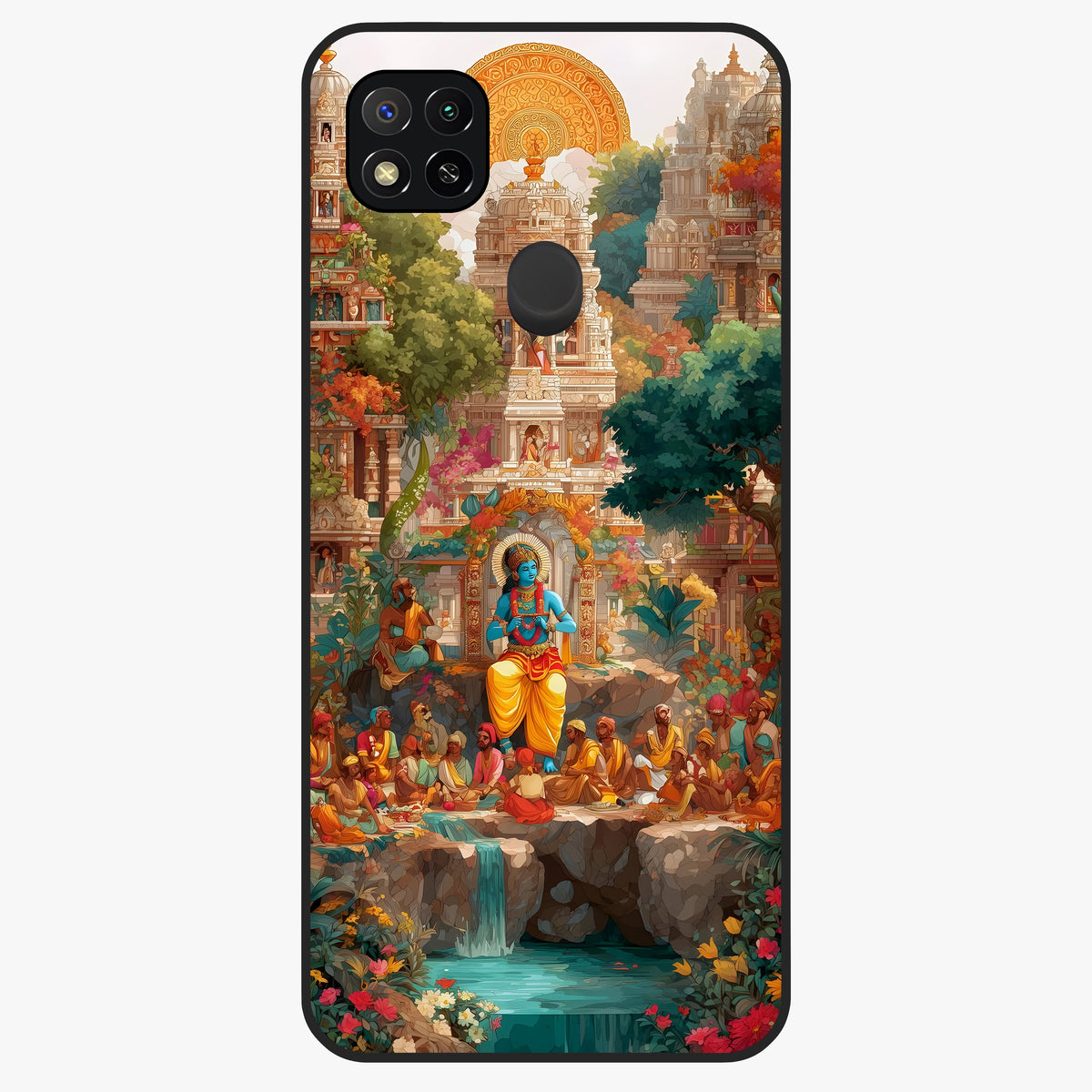 Sacred Sunlight Gods Glass Case showing flat back view with divine sunlight themed artwork and glossy glass finish.