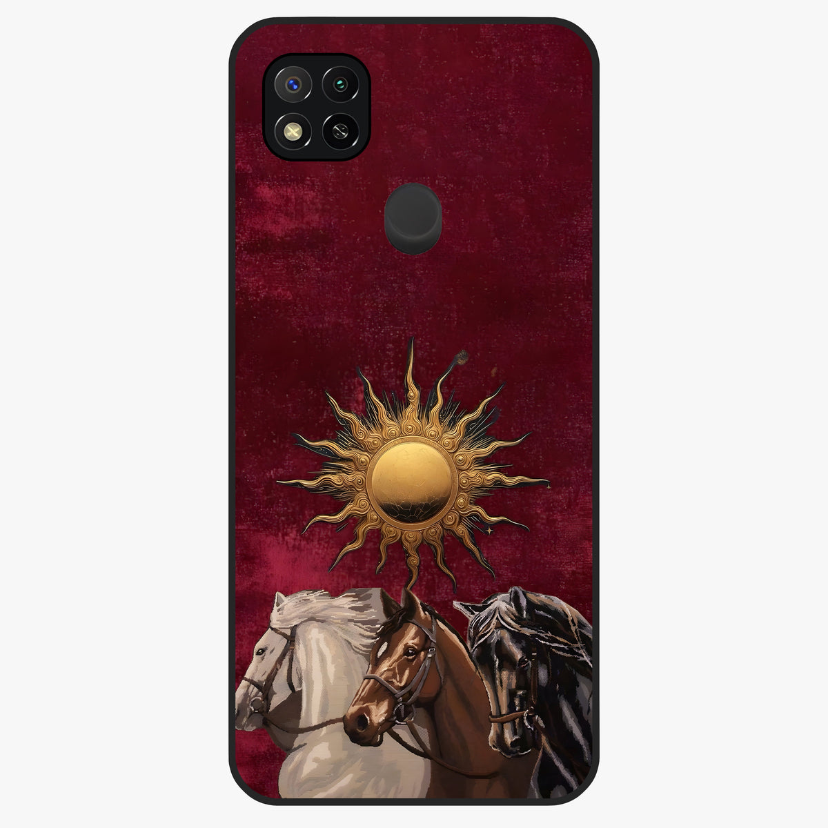 Solar Riders Glass Case showing flat back view with dynamic rider themed artwork and glossy glass finish.