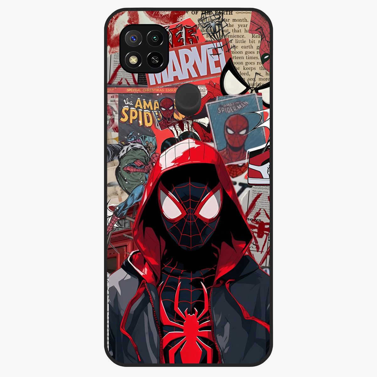 Spider Collage Street Glass Case showing flat back view with vibrant superhero collage artwork and glossy glass finish.