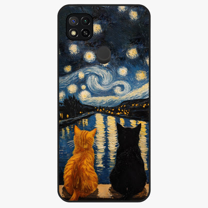 Starry River Cats Glass Case showing flat back view with cats by a starry river artwork and glossy glass finish.