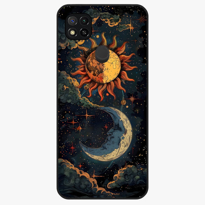 Sun And Moon Magic Design Glass Case showing flat back view with mystical sun and moon artwork and glossy glass finish.