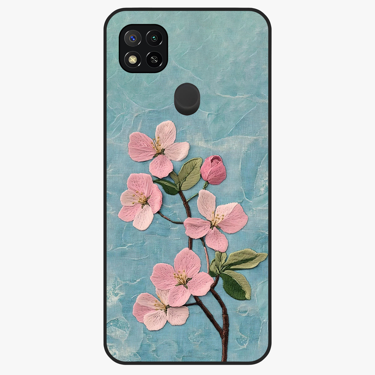 Threaded Blossom Breeze Glass Case showing flat back view with delicate blossom artwork and glossy glass finish.