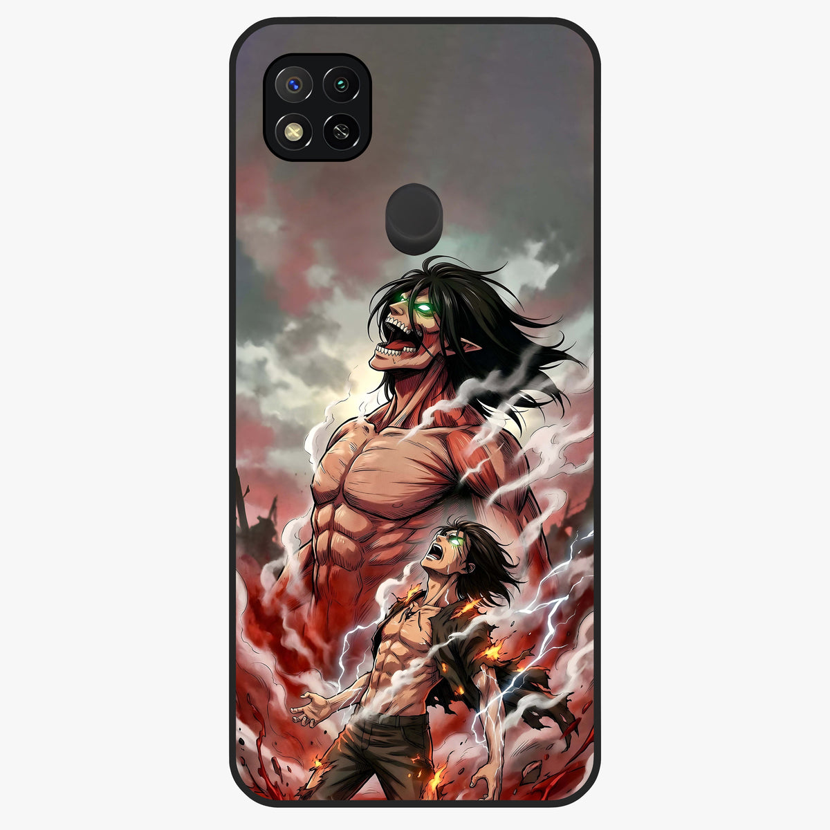 Titan Awakening Fury Glass Case showing flat back view with powerful titan inspired artwork and glossy glass finish.