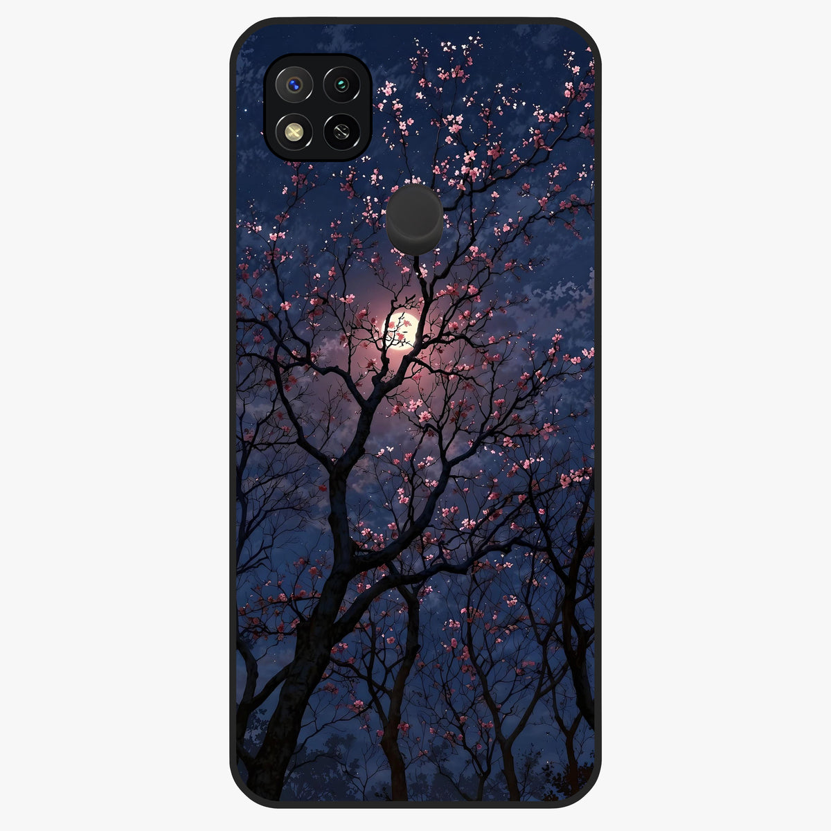 Twilight Sakura Serenade Glass Case showing flat back view with cherry blossom artwork at twilight and glossy glass finish.