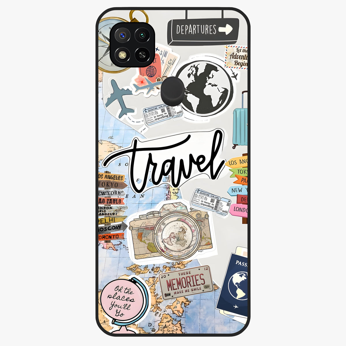 Wanderlust Journal Glass Case showing flat back view with travel inspired artwork and glossy glass finish.
