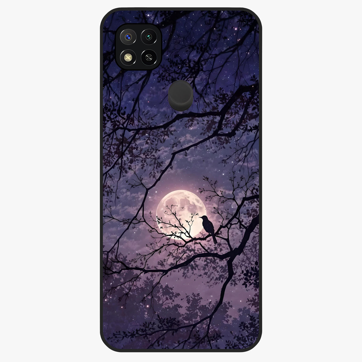 Whispering Moon Silence Glass Case showing flat back view with serene moon themed artwork and glossy glass finish.