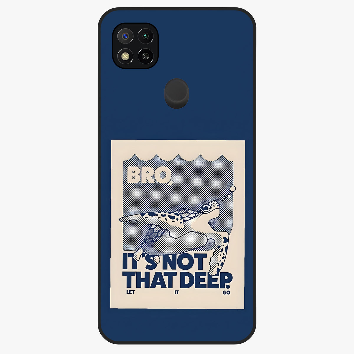 Worry Less Swim Glass Case showing flat back view with playful motivational artwork and glossy glass finish.