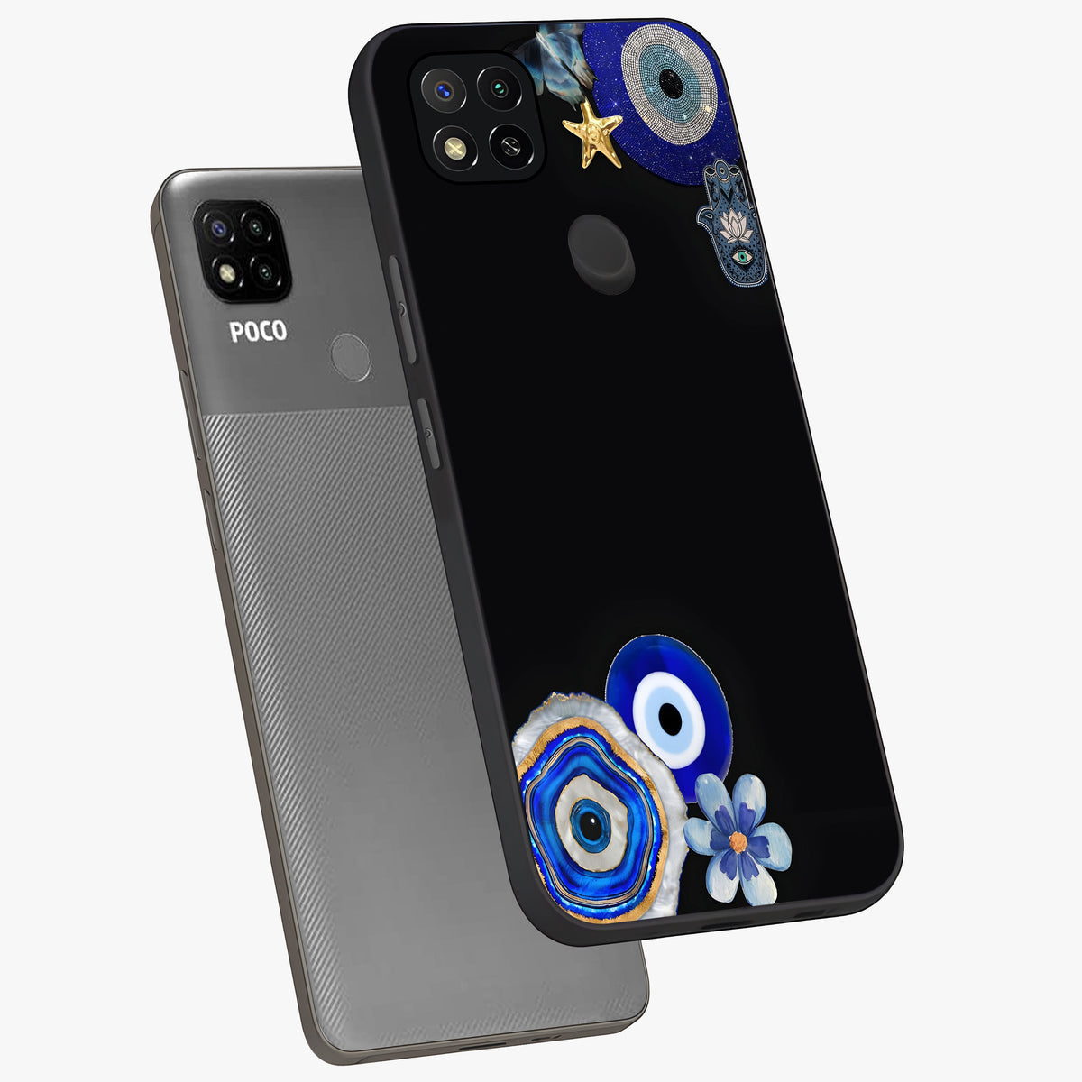 Aesthetic Blue Evil Eye Glass Case displayed in angled mockup highlighting blue evil eye symbol and spiritual aesthetic design.