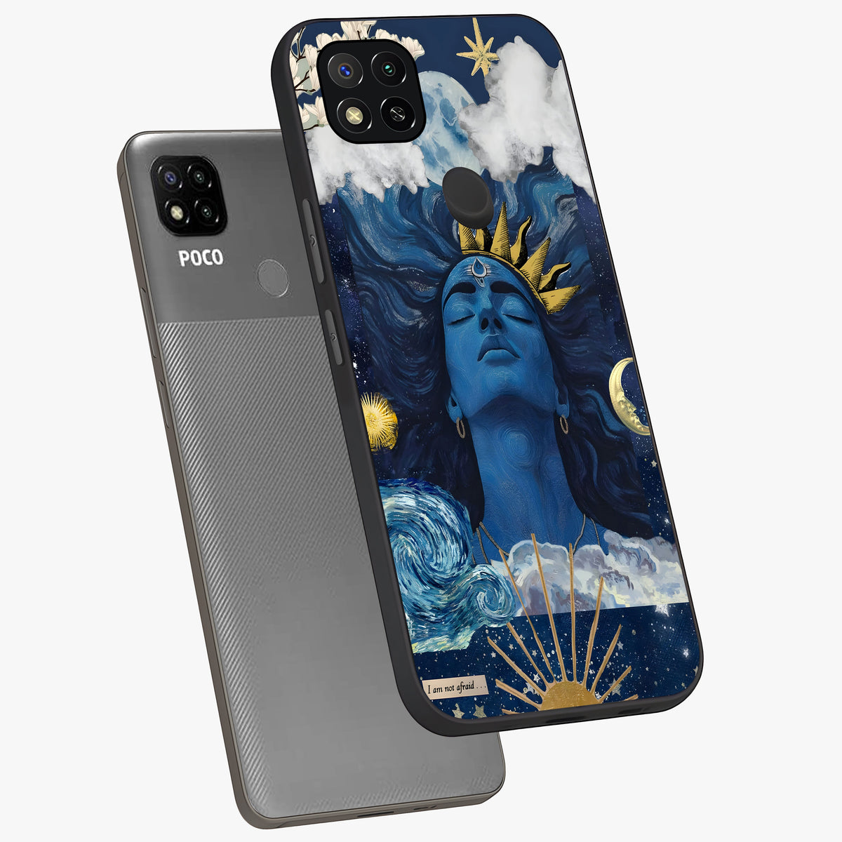 Aesthetic Lord Shiva Glass Case displayed in angled mockup highlighting spiritual Shiva illustration and sacred aesthetic design.