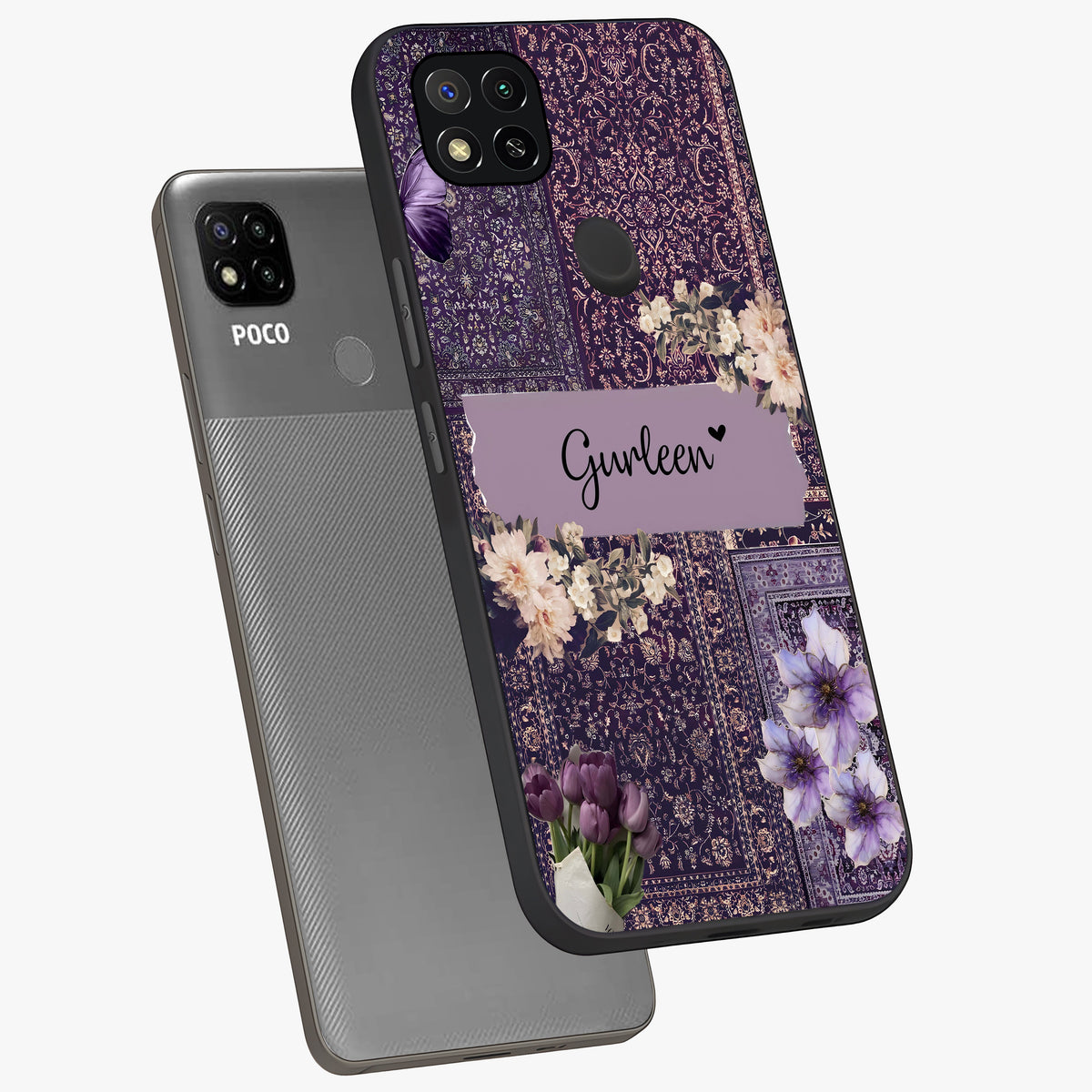 Antique Floral Whisper Custom Name Glass Case displayed in angled mockup highlighting elegant antique floral aesthetic.