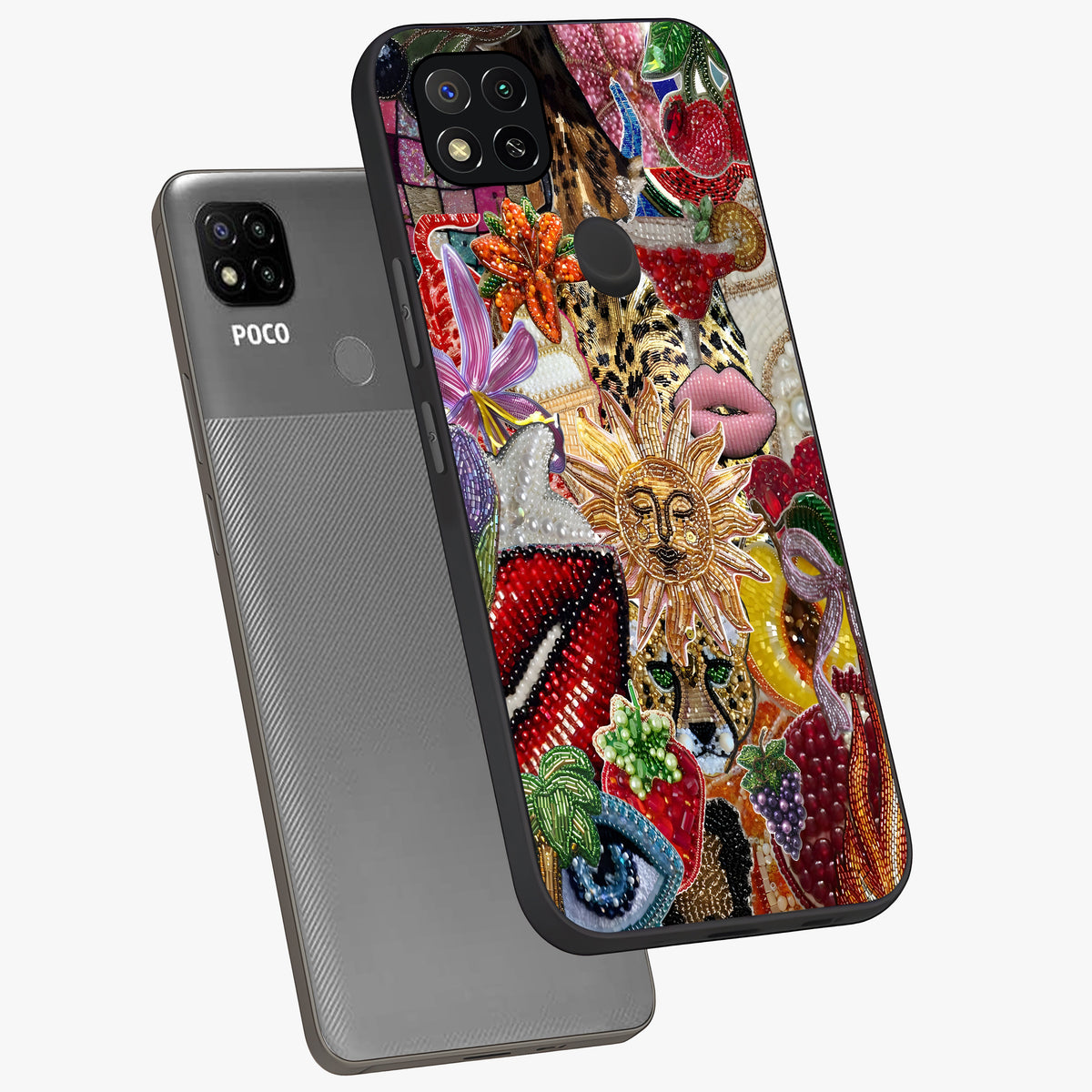 Beaded Fashion Jungle Glass Case displayed in angled mockup highlighting colorful fashion bead design and artistic pattern.