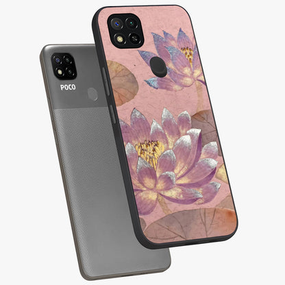 Blossom Mist Lotus Glass Case displayed in angled mockup highlighting delicate lotus illustration with calm aesthetic theme.
