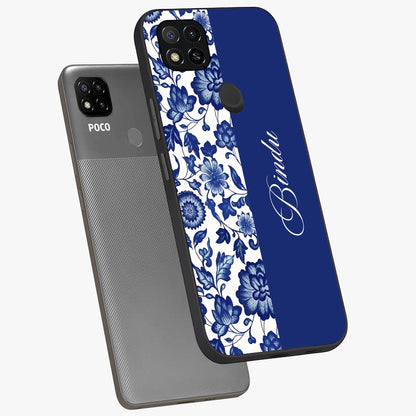 Blue Vintage Floral Pattern Glass Case displayed in angled mockup highlighting subtle bloom pattern with aesthetic pastel design.