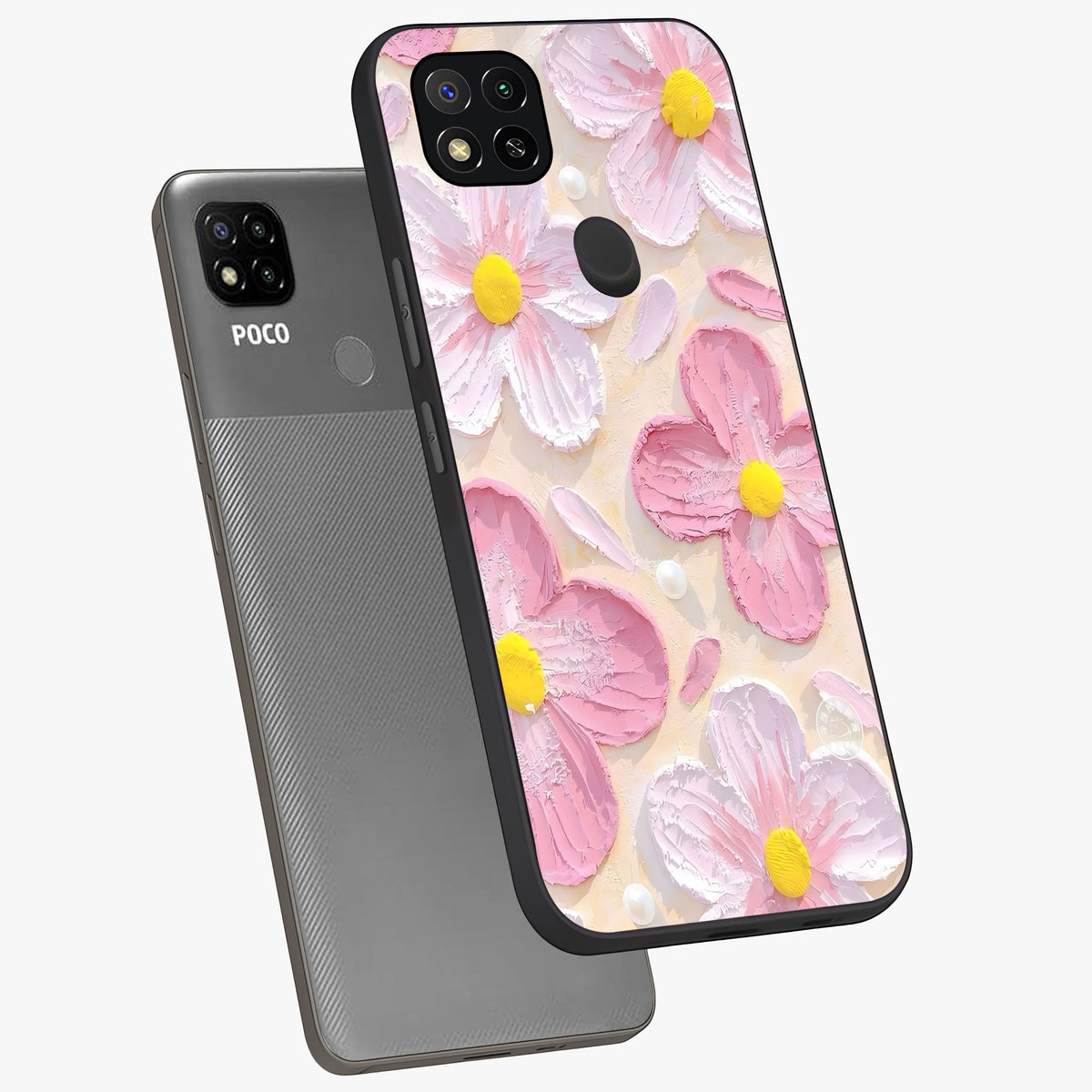 Blush Bloom Texture Glass Case displayed in angled mockup highlighting subtle bloom pattern with aesthetic pastel design.