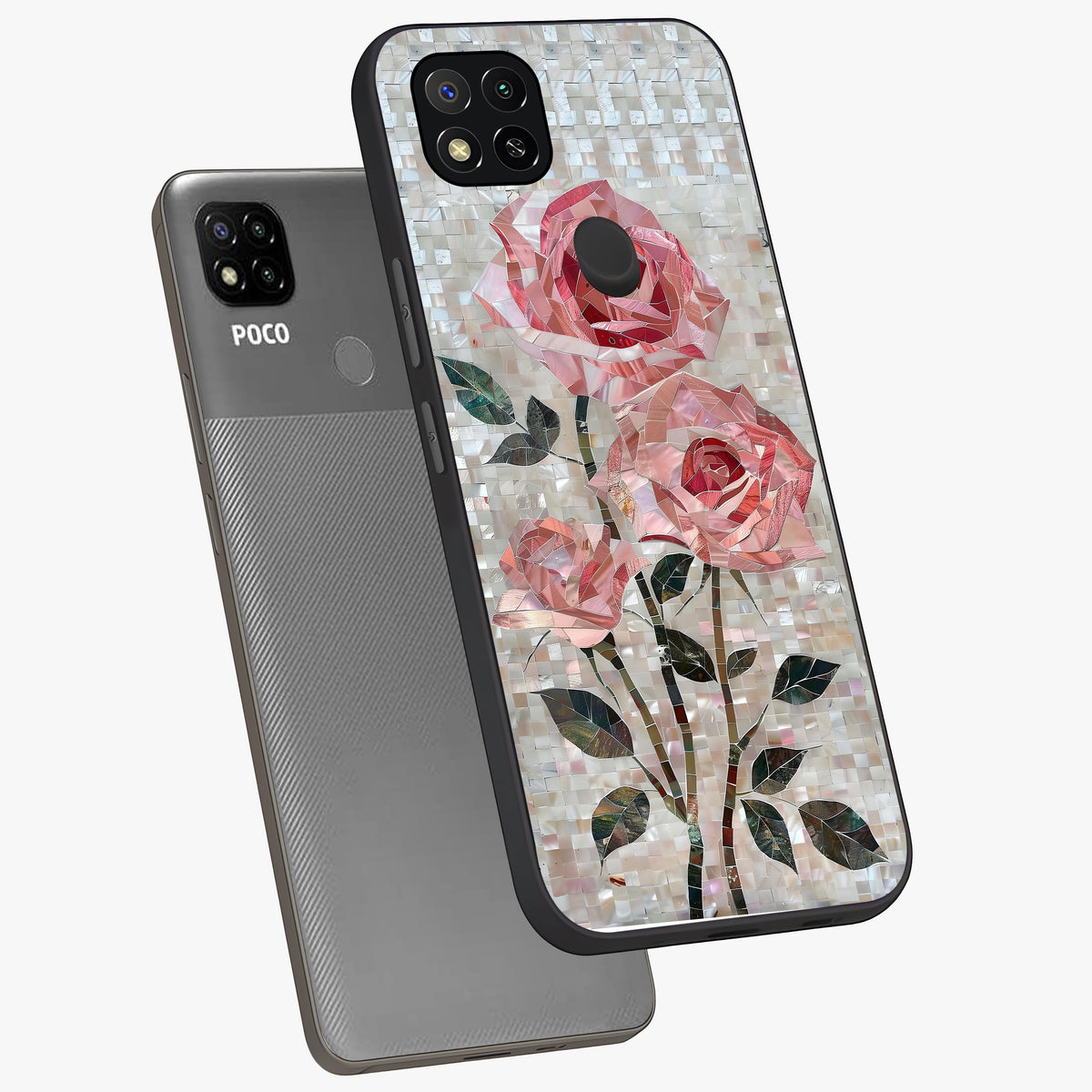 Blush Mosaic Bloom Glass Case displayed in angled mockup highlighting artistic mosaic flower pattern with aesthetic design.