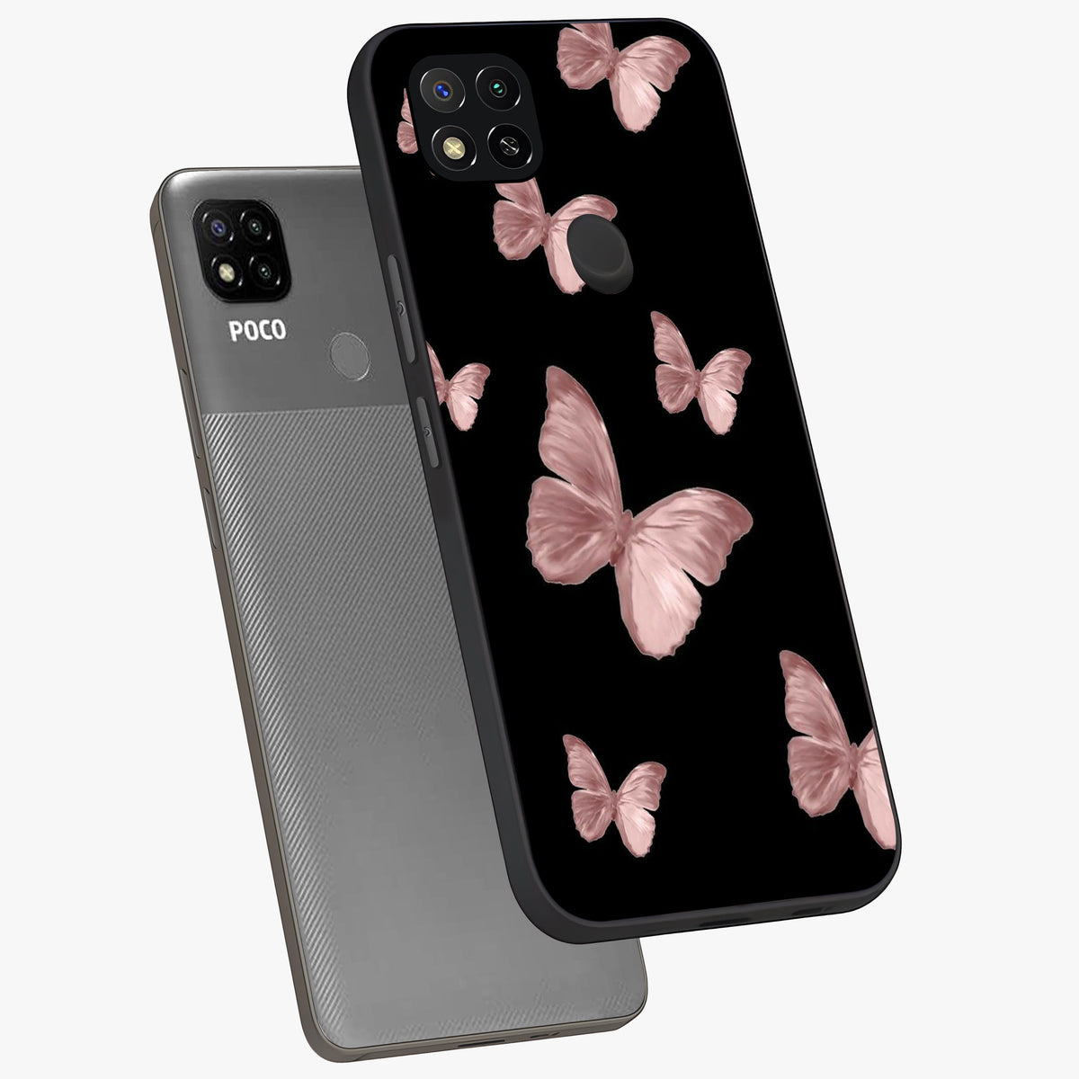 Butterfly Pattern Glass Case displayed in angled mockup highlighting delicate butterfly design and aesthetic pattern style.