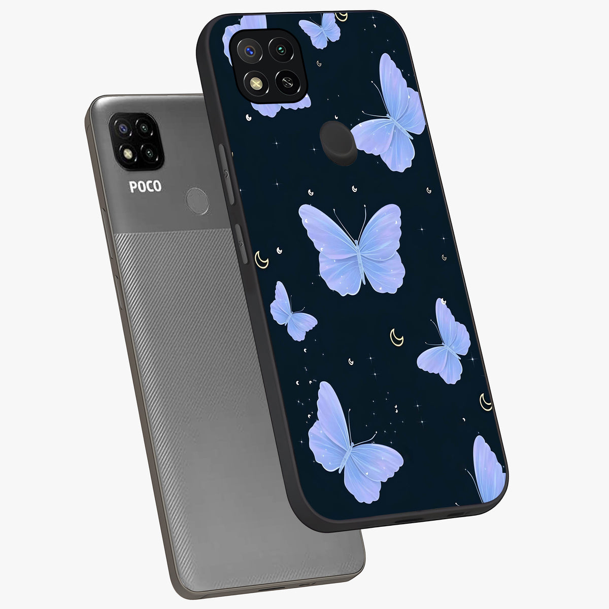 Butterfly With Stars Pattern Glass Case displayed in angled mockup highlighting dreamy butterfly and star design with aesthetic theme.