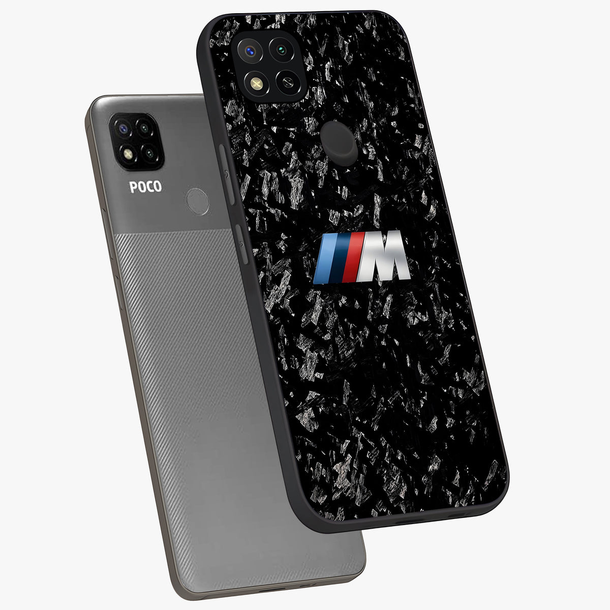 Carbon Speed Mark Glass Case displayed in angled mockup highlighting racing inspired carbon design and sleek aesthetic style.