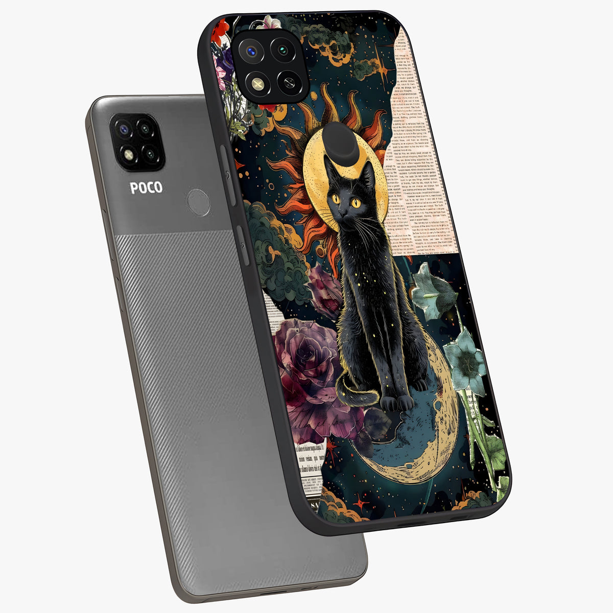 Celestial Black Cat Glass Case displayed in angled mockup highlighting cosmic black cat design with celestial aesthetic.