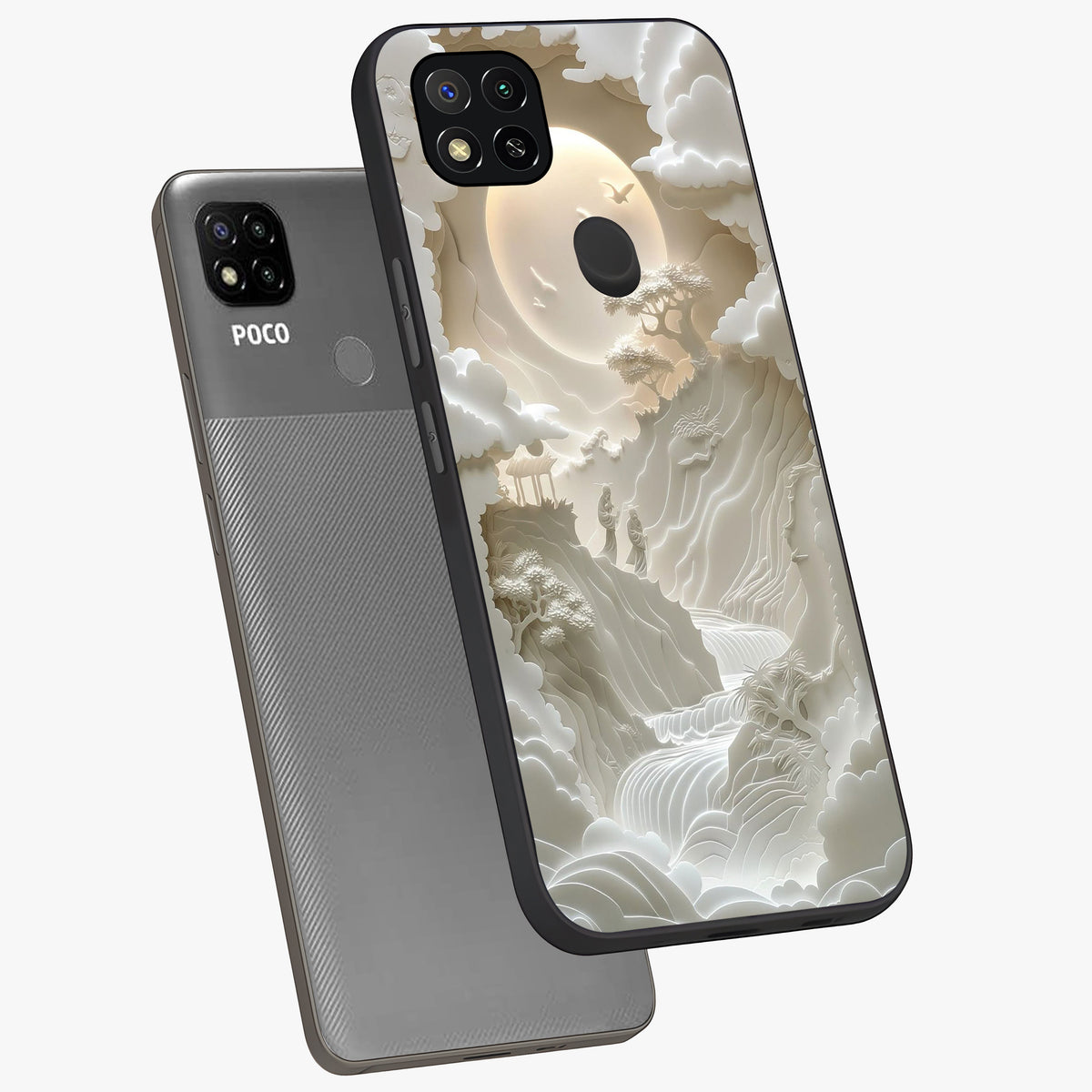Celestial Origami Glass Case displayed in angled mockup highlighting geometric origami design with cosmic aesthetic theme.
