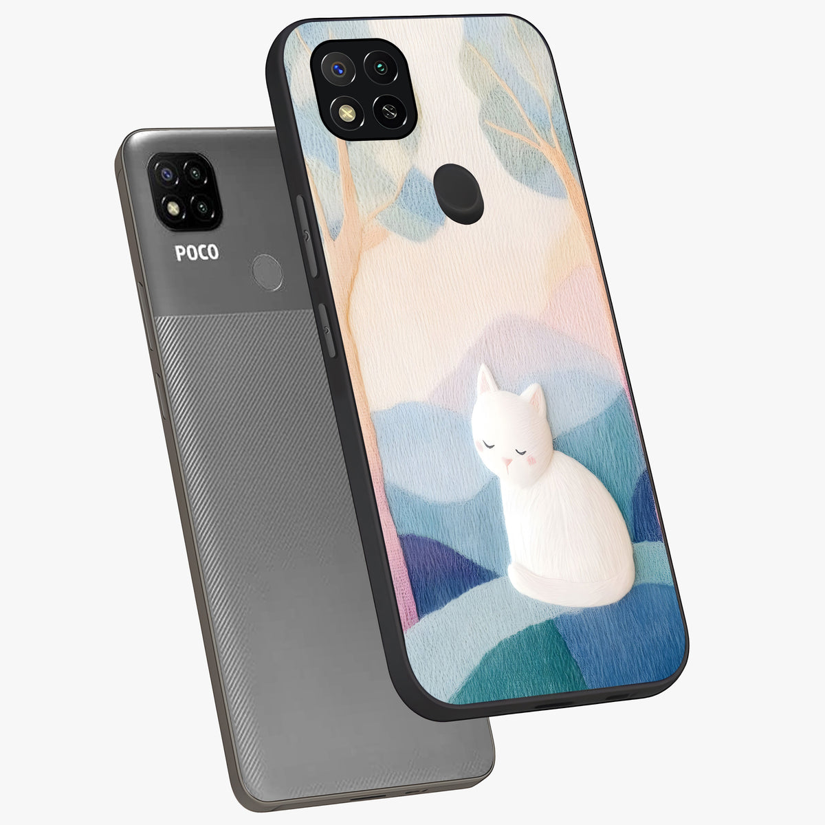 Cotton Dream Cat Glass Case displayed in angled mockup highlighting cute feline illustration with pastel aesthetic style.