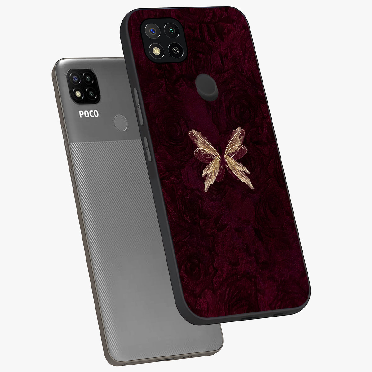 Crimson Fade Butterfly Glass Case displayed in angled mockup highlighting elegant butterfly design with crimson gradient aesthetic.