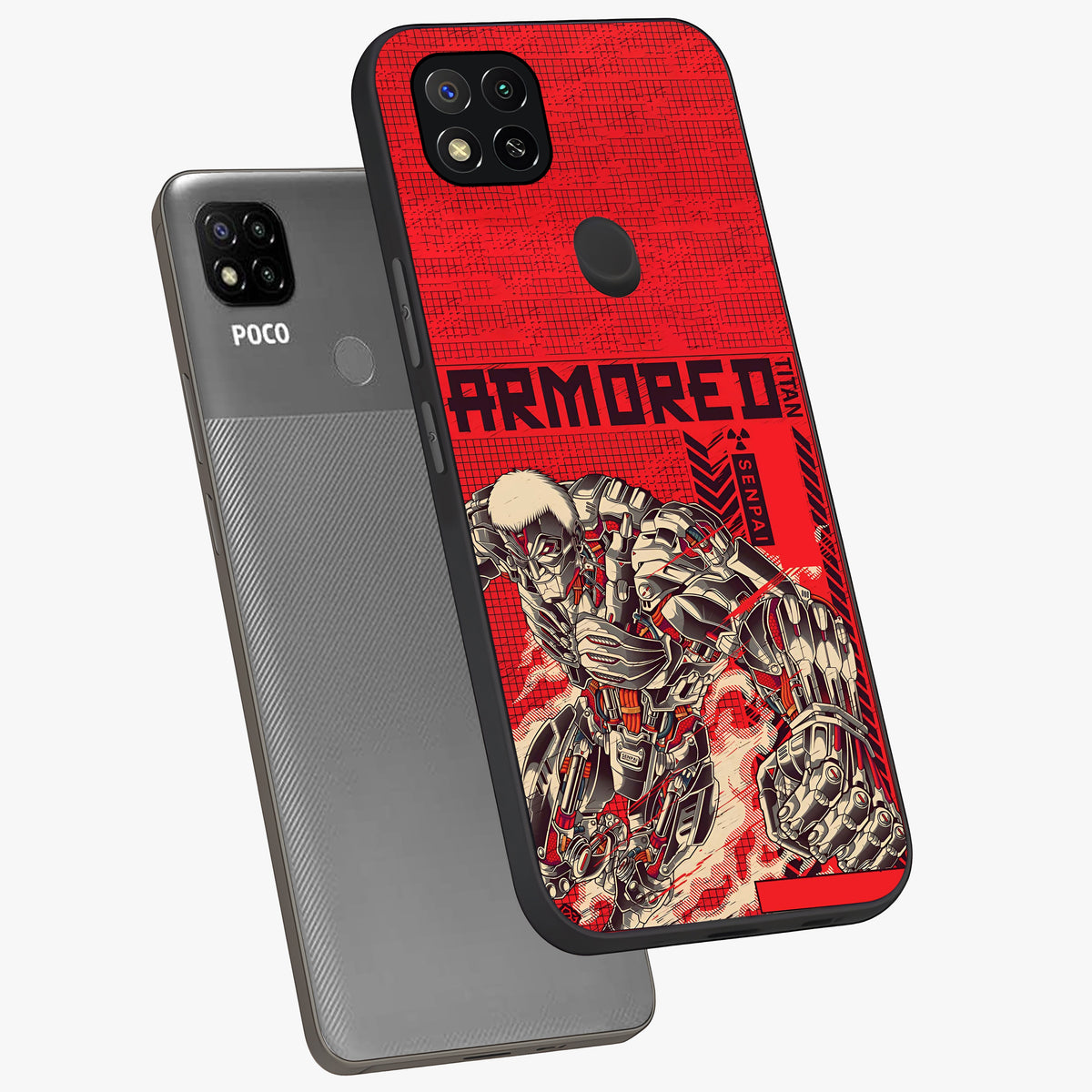 Crimson Mecha Titan Glass Case displayed in angled mockup highlighting futuristic mech illustration with bold crimson aesthetic.