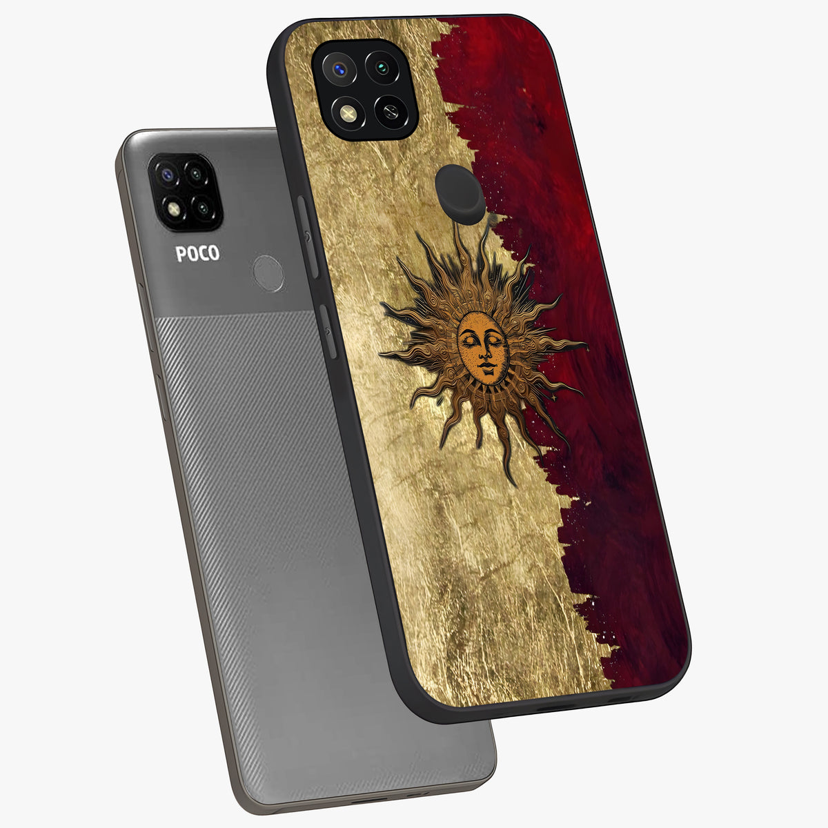 Crimson Sun Majesty Glass Case displayed in angled mockup highlighting majestic crimson sun design with bold aesthetic style.
