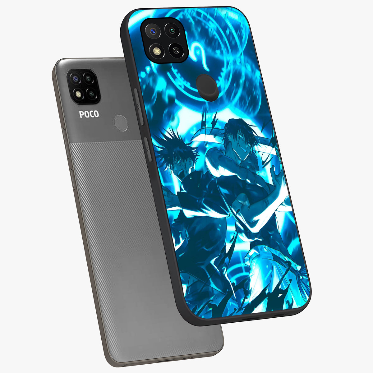 Cursed Energy Clash Glass Case displayed in angled mockup highlighting powerful battle inspired graphic with anime style aesthetic.