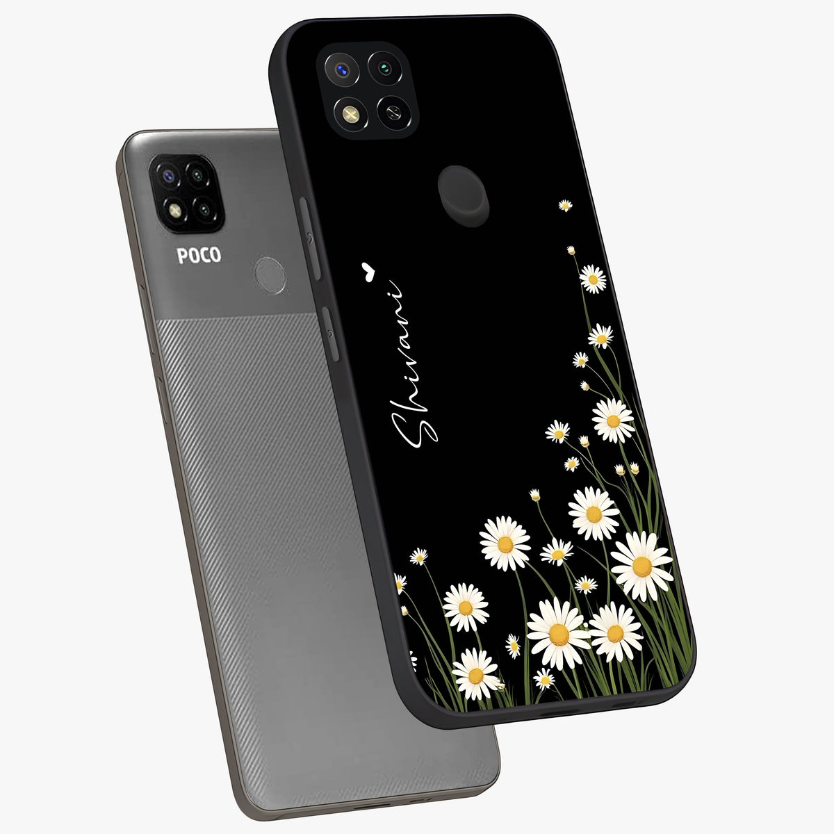 Daisy Cascade Custom Name Glass Case displayed in angled mockup highlighting delicate daisy artwork with custom name feature.