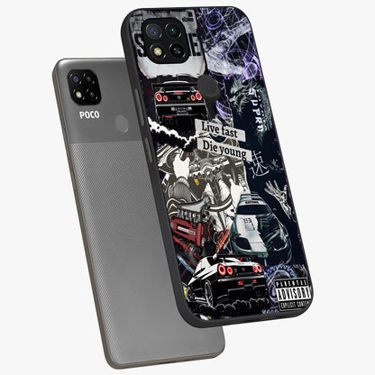 Die Young Glass Case displayed in angled mockup highlighting expressive graphic artwork with edgy aesthetic style.