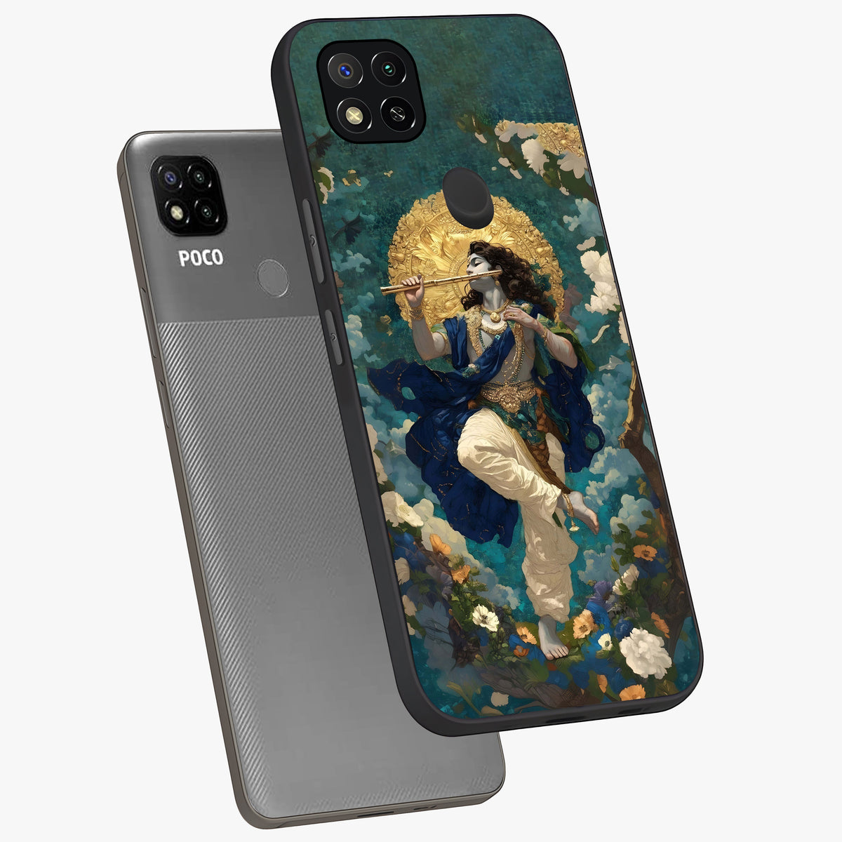 Divine Krishna Art Glass Case displayed in angled mockup highlighting spiritual Krishna illustration with devotional aesthetic.
