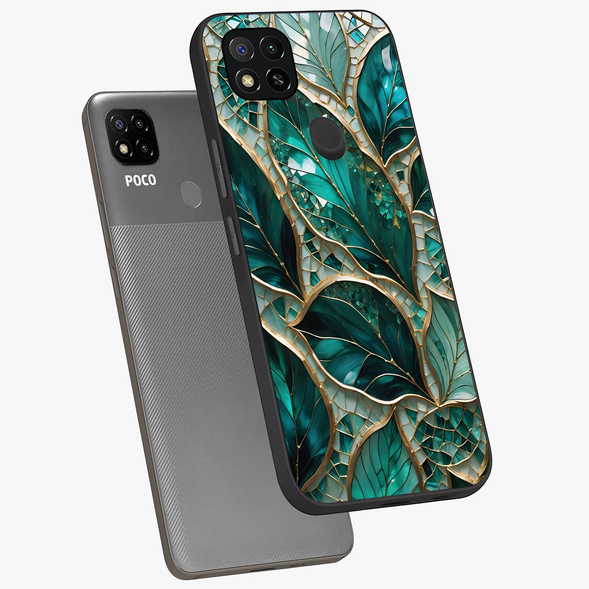 Emerald Leaf Glass Glass Case displayed in angled mockup highlighting botanical leaf illustration with elegant natural aesthetic.
