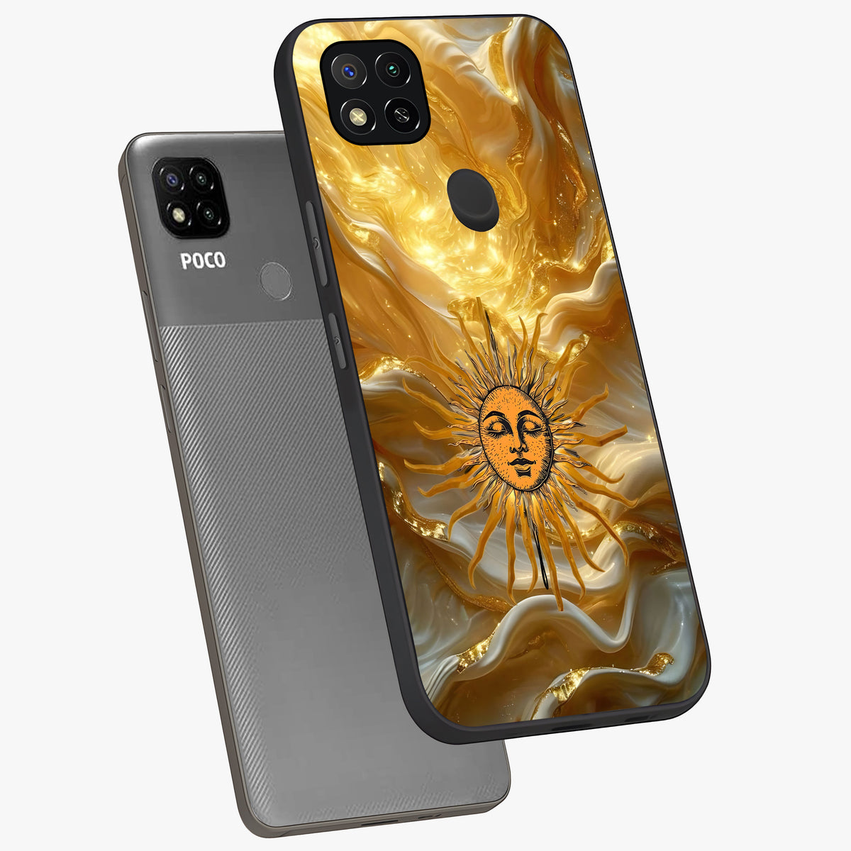 Eternal Golden Glow Glass Case displayed in angled mockup highlighting glowing golden aesthetic design with elegant style.