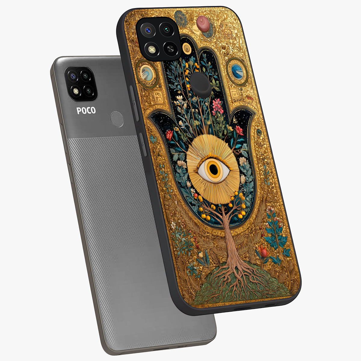Ethereal Evil Eye Glass Case displayed in angled mockup highlighting protective evil eye symbol with spiritual aesthetic design.