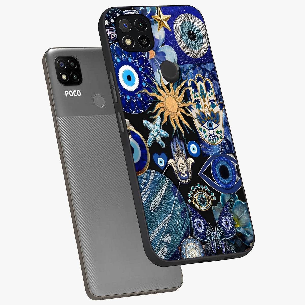 Evil Eye Charm Mix Glass Case displayed in angled mockup highlighting protective evil eye symbols with spiritual aesthetic design.