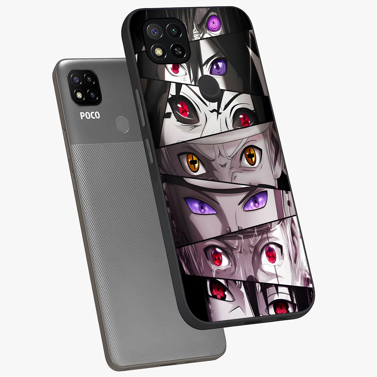 Eyes of Destiny Glass Case displayed in angled mockup highlighting bold eye illustration with mystical aesthetic style.