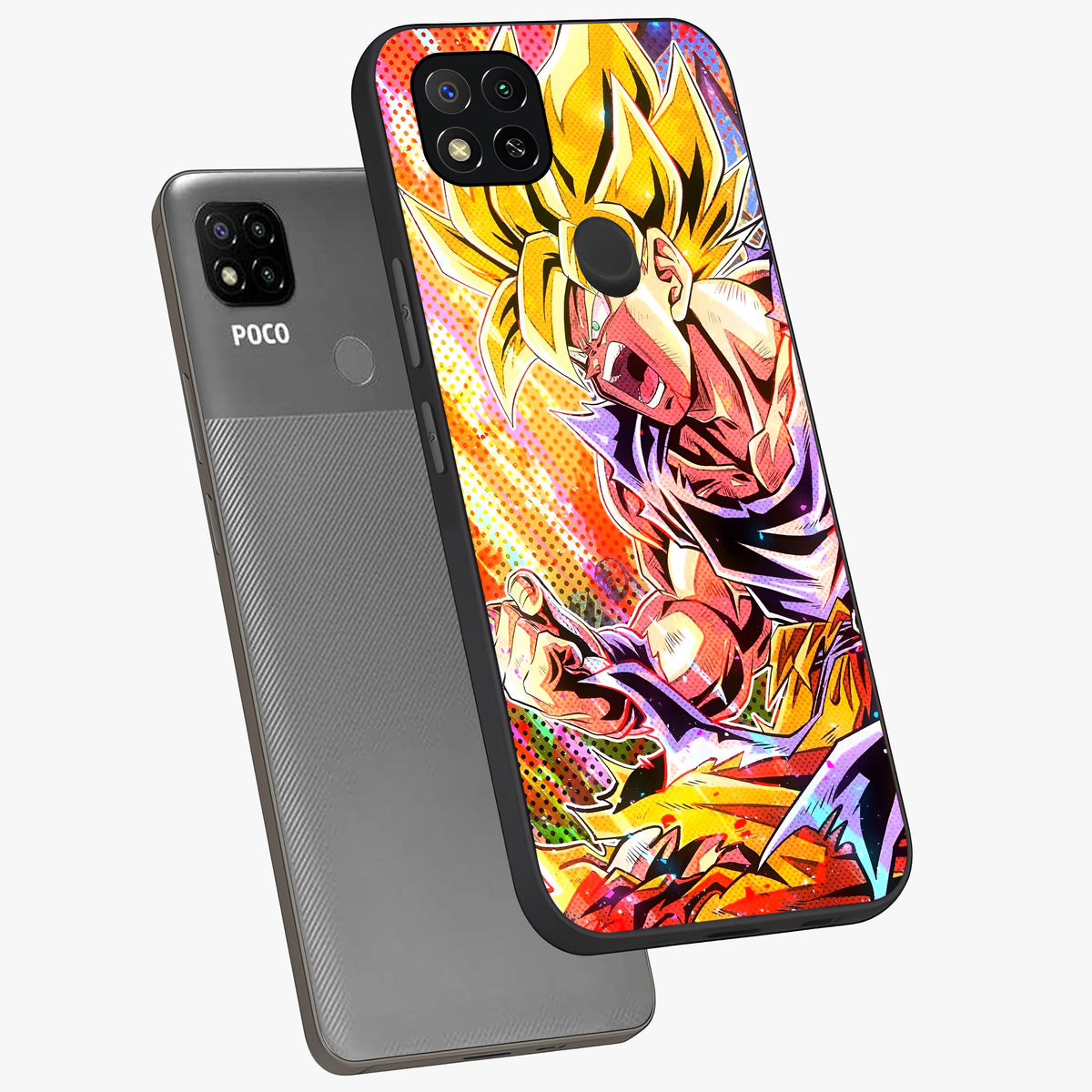 Firing Goku Glass Case displayed in angled mockup highlighting dynamic anime character design with action aesthetic.