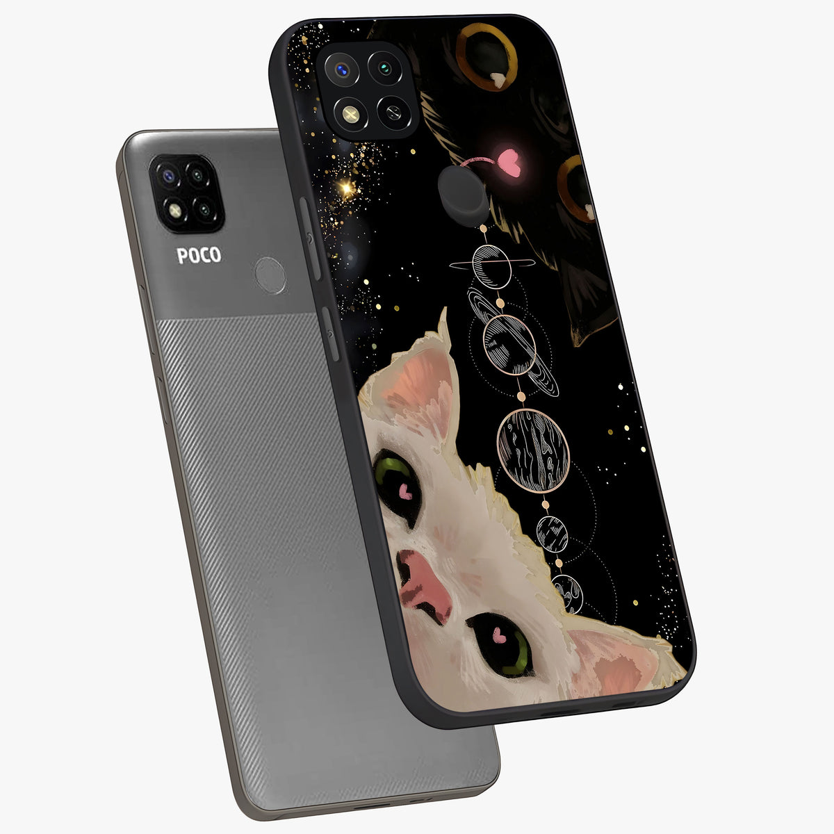 Galactic Cat Glass Case displayed in angled mockup highlighting celestial feline illustration with galaxy aesthetic style.