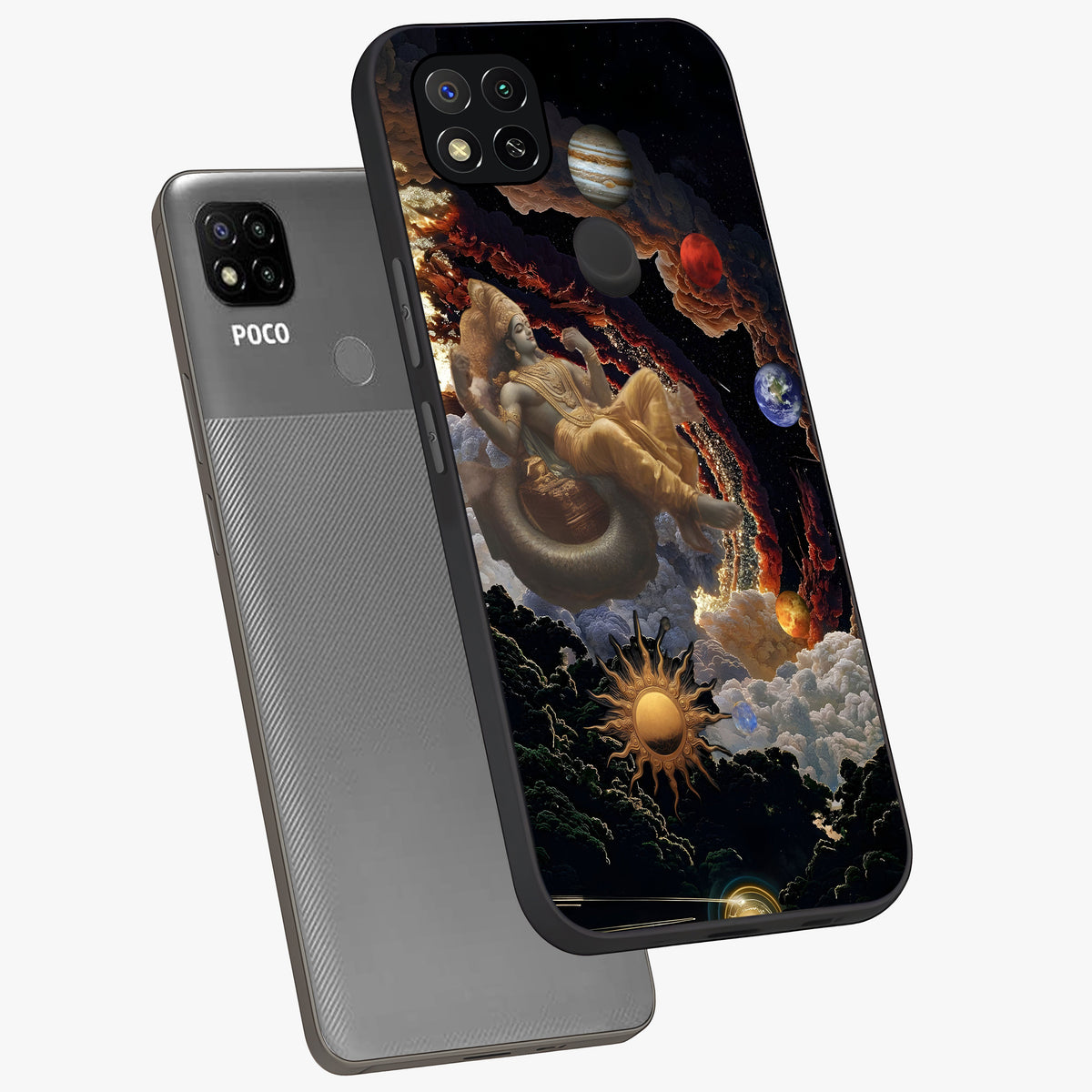 Galactic Divine God Glass Case displayed in angled mockup highlighting powerful celestial deity illustration with galactic aesthetic.