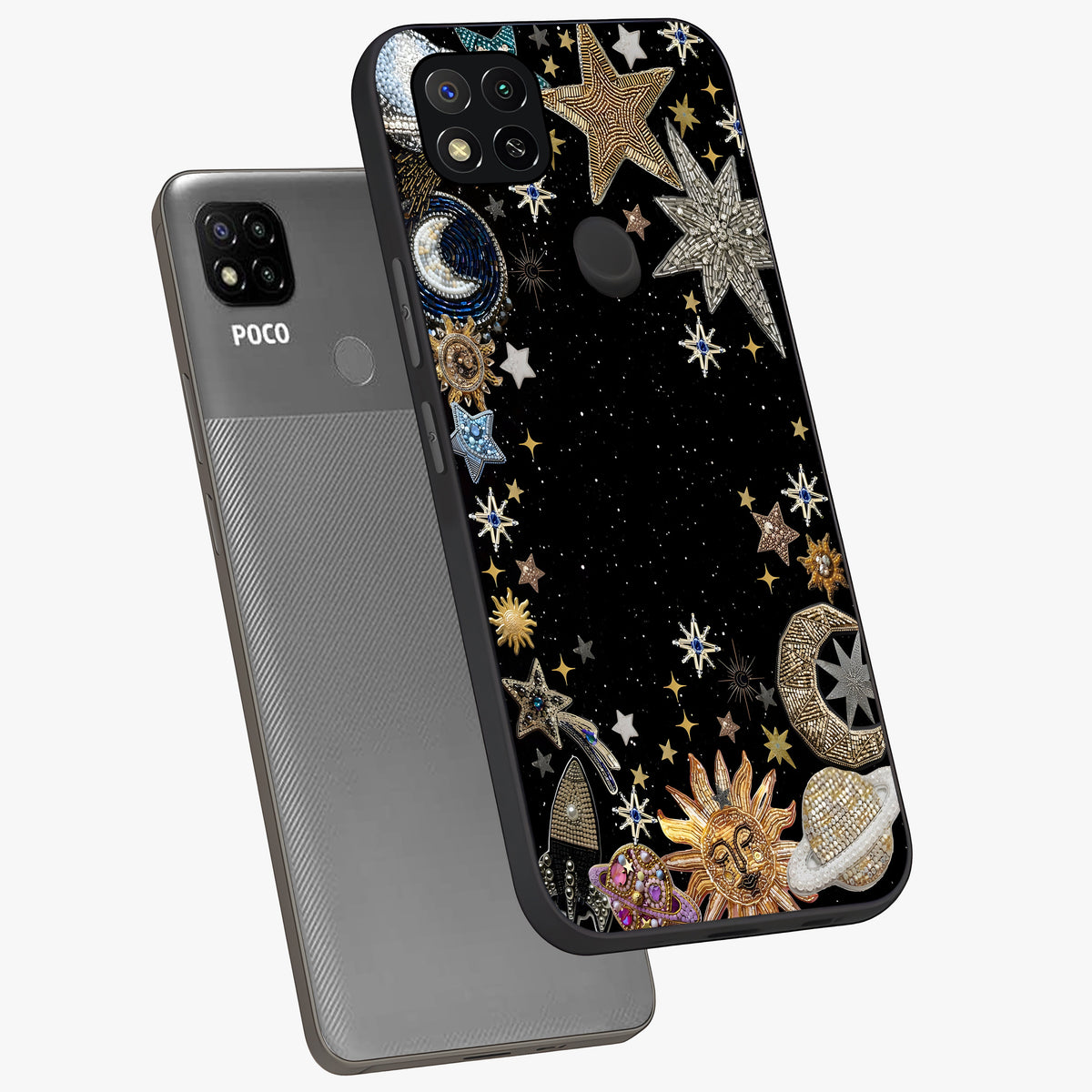 Galactic Jewel Stars Glass Case displayed in angled mockup highlighting shining celestial star design with cosmic aesthetic style.