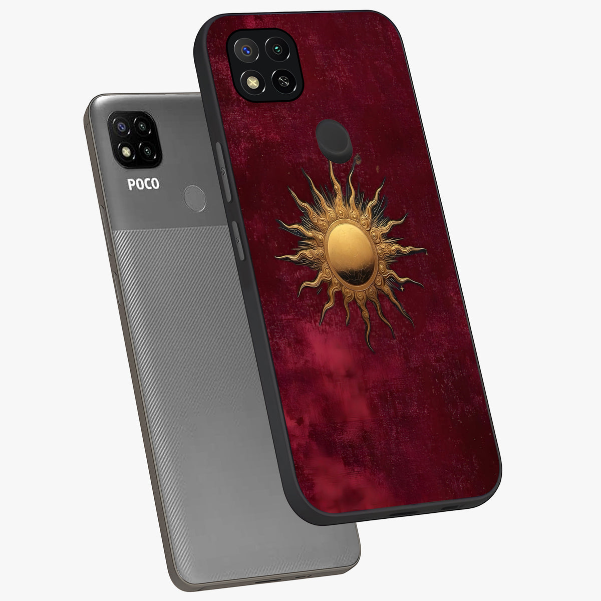 Gold Sun Blush Glass Case displayed in angled mockup highlighting radiant sun design with warm golden aesthetic.