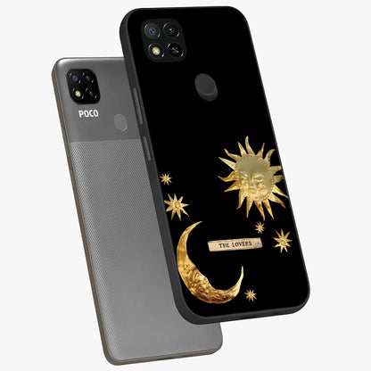 Golden Celestial Charm Glass Case displayed in angled mockup highlighting sparkling cosmic charm design with celestial aesthetic.