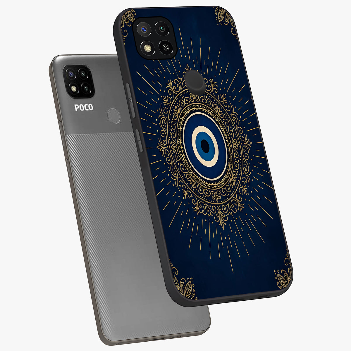 Golden Evil Eye Mandala Glass Case displayed in angled mockup highlighting protective evil eye symbol with golden mandala design.
