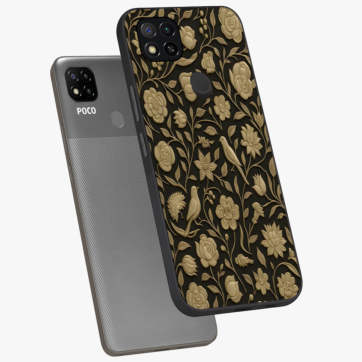 Golden Floral Majesty Glass Case displayed in angled mockup highlighting elegant flower design with royal golden aesthetic.