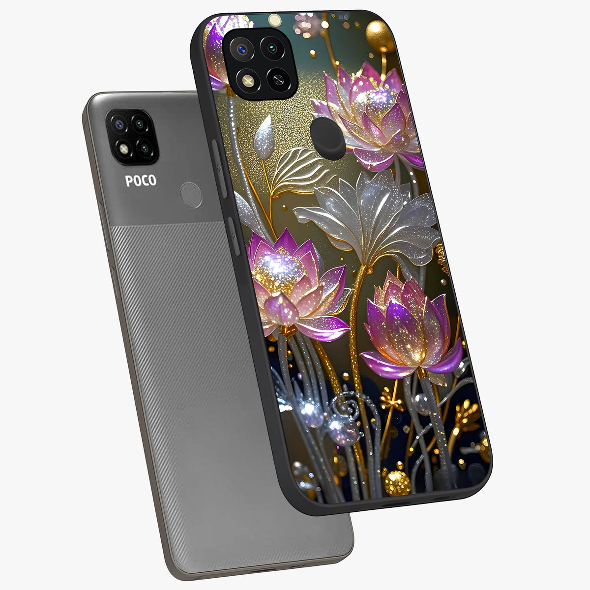 Golden Lotus Glow Glass Case displayed in angled mockup highlighting radiant lotus illustration with spiritual aesthetic.