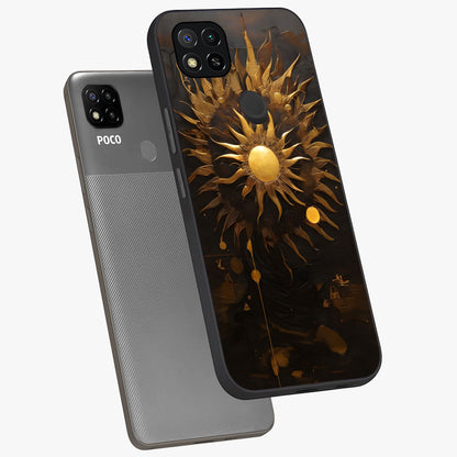 Golden Sun Minimalism Glass Case displayed in angled mockup highlighting eerie shadow illustration with gothic aesthetic.